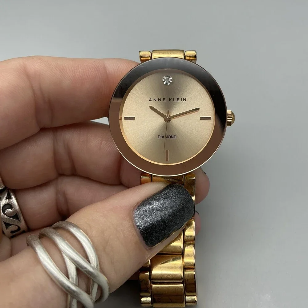 Anne Klein Womens Watch 32mm Champagne Dial Gold Tone Diamond New Battery 7.25